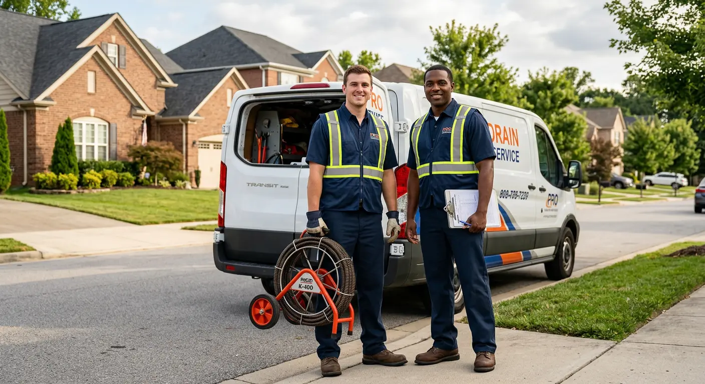 Sewer and drain service team with equipment ready for work in Douglass Hills