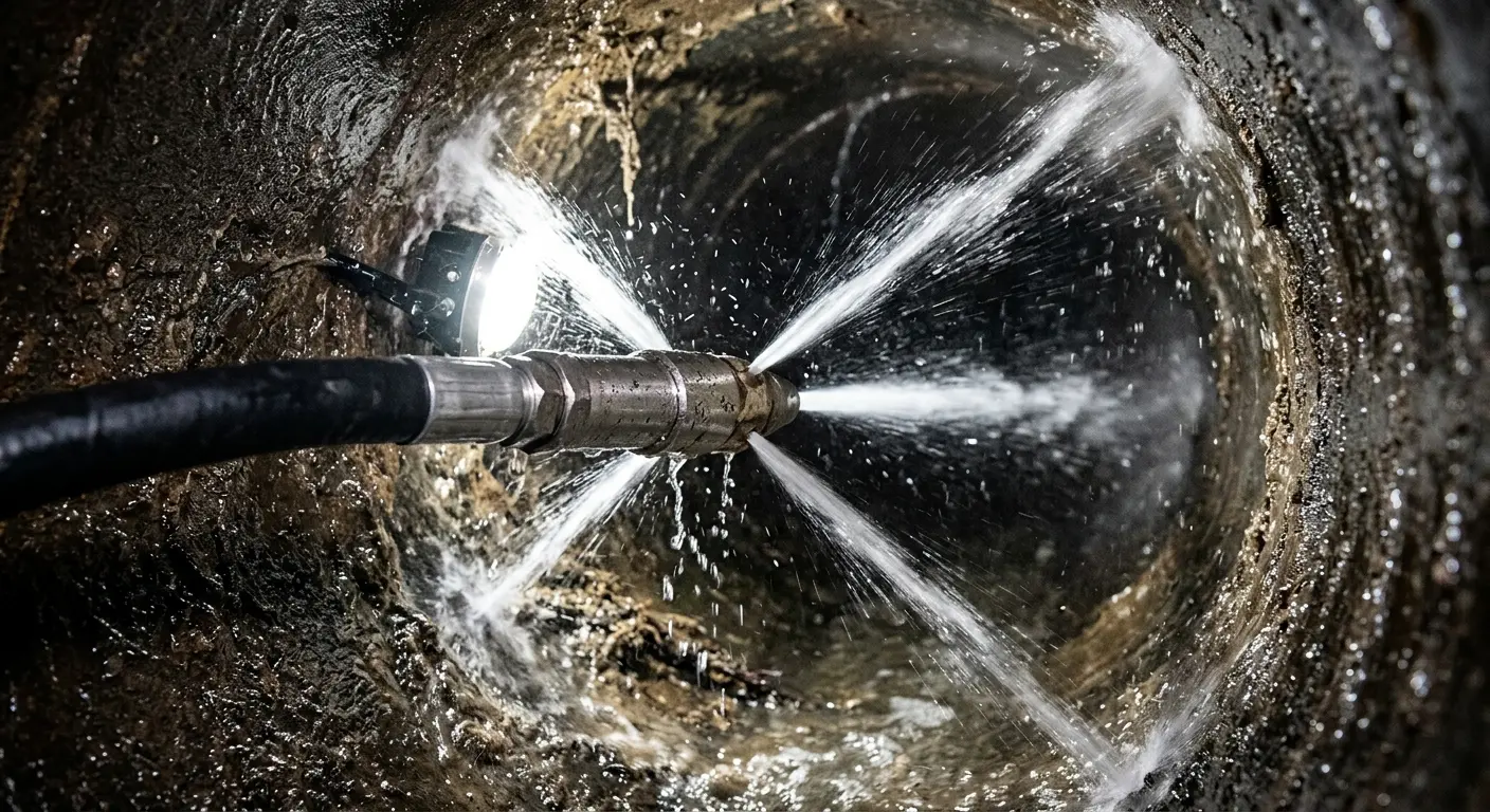 High-pressure hydro jetting nozzle cleaning sewer pipe for Emergency Drain Service in Douglass Hills