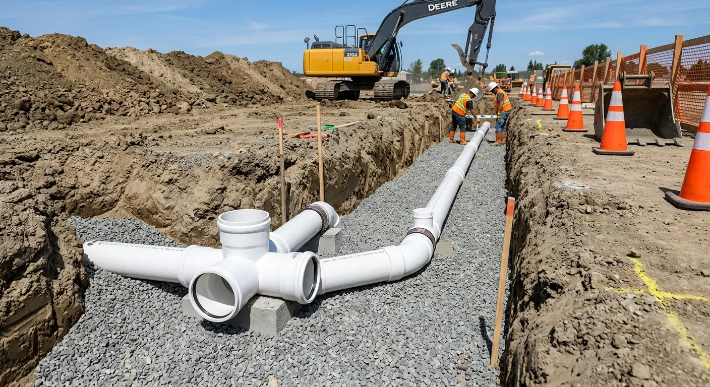 New PVC sewer pipe installation in open trench for Commercial Drain Cleaning in Douglass Hills