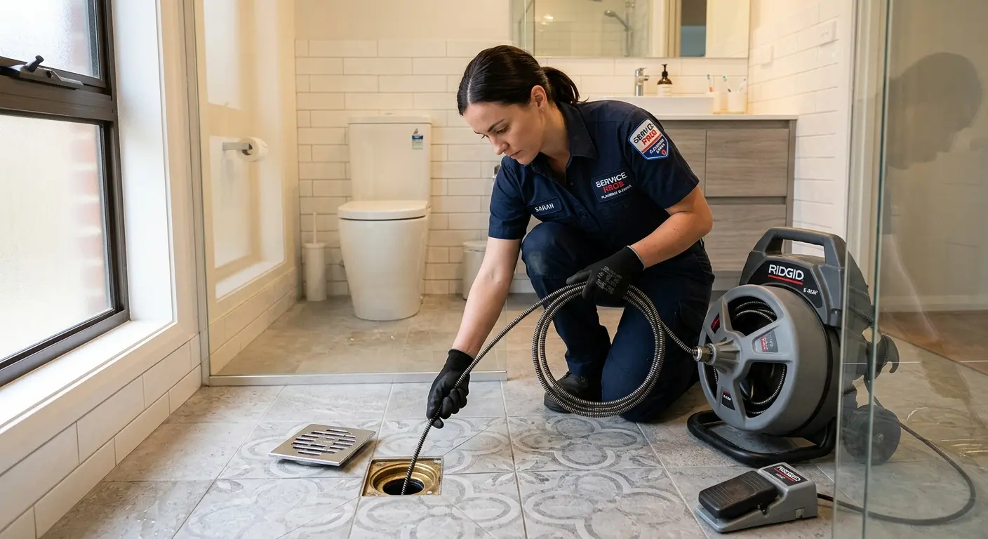 Technician clearing a bathroom floor drain for Drain Repair in Douglass Hills